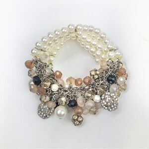 Taupe Blush Bead Rhinestone White Pearl Multi Strand Dangle Stretch Bracelet